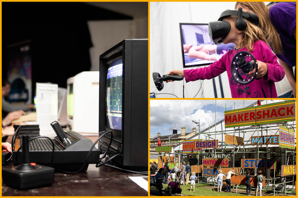 Image of interactive activities at the Science Festival with an image of the festival village. 